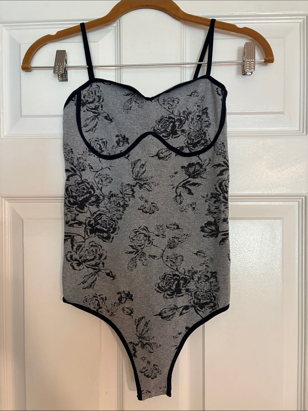 Free People Gray Floral Lace-Trim Bodysuit with Black Trim